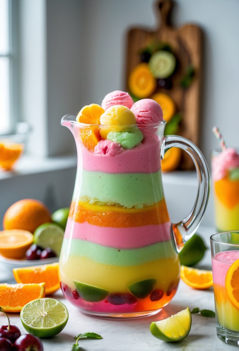 A glass pitcher filled with colorful rainbow sherbet punch surrounded by fresh fruit slices on a kitchen countertop.