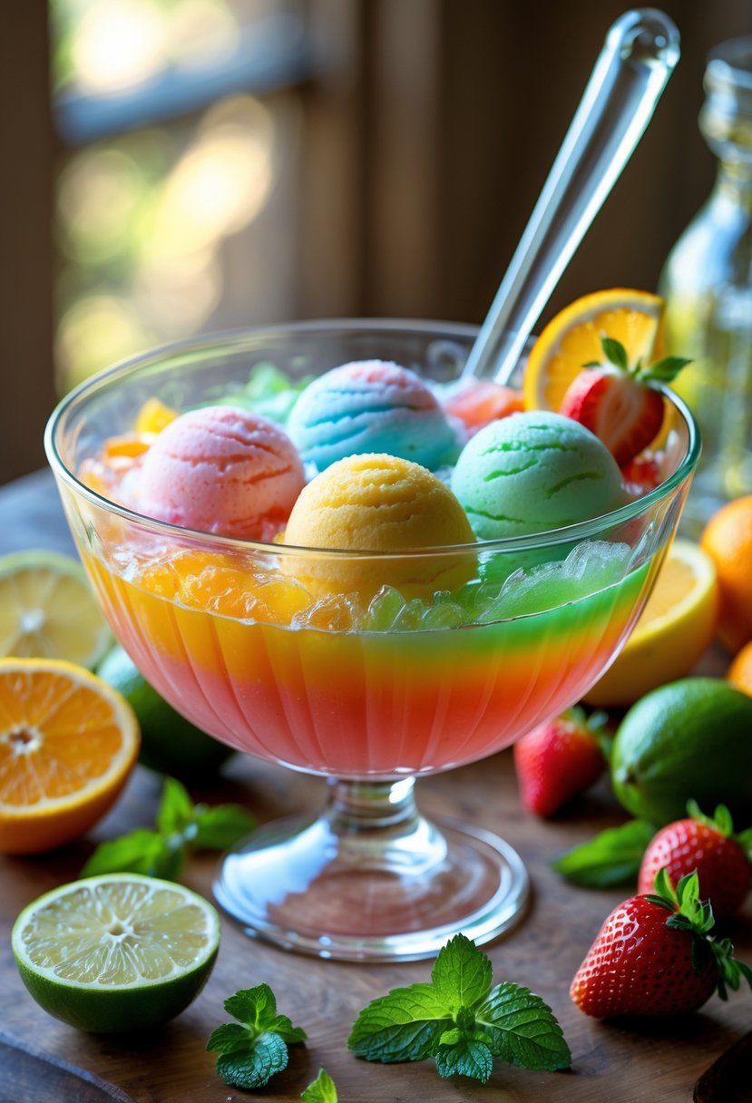 A glass punch bowl filled with colorful rainbow sherbet punch surrounded by fresh citrus fruits, strawberries, and mint leaves on a wooden surface.