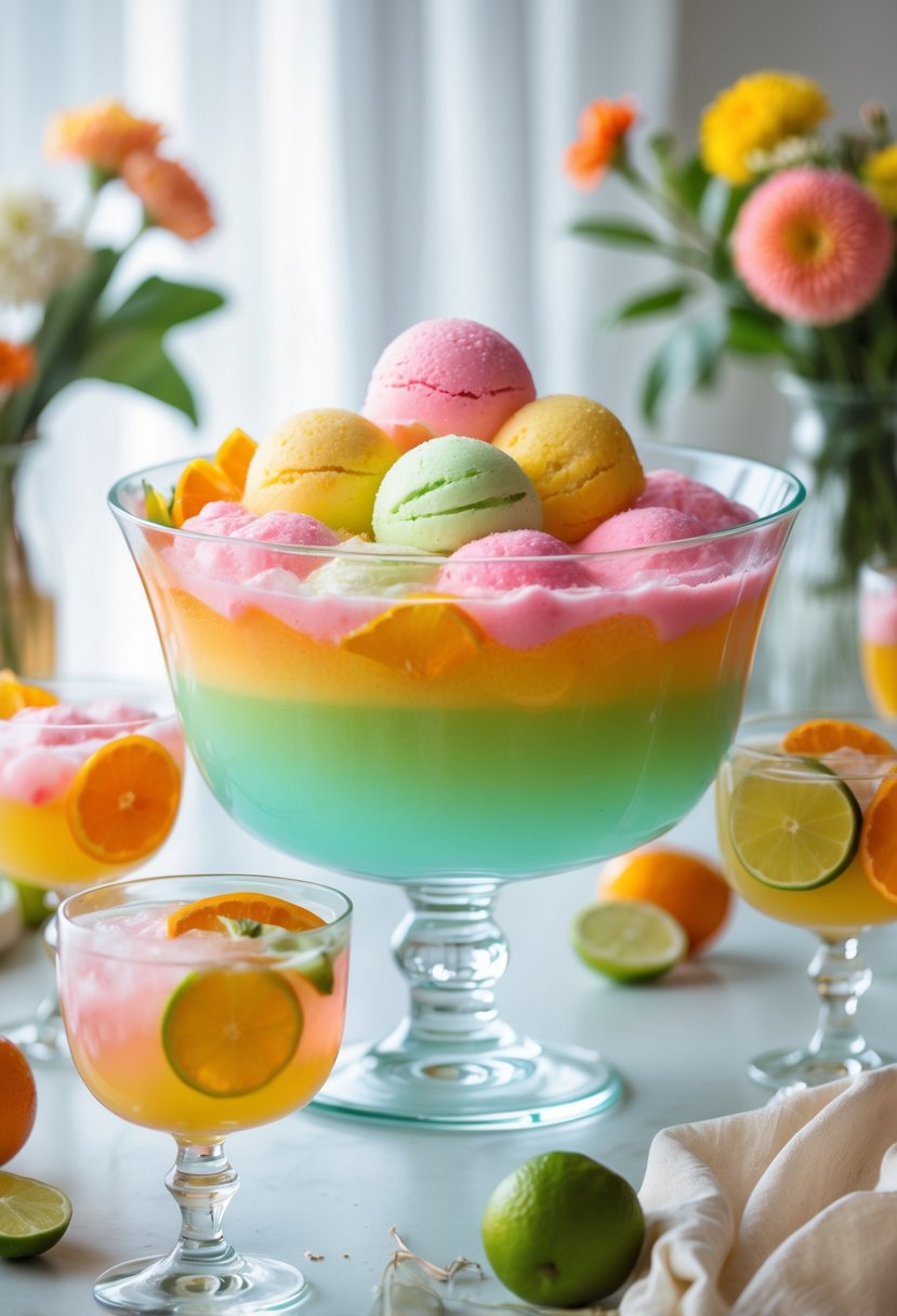 A clear glass punch bowl filled with colorful rainbow sherbet punch and scoops of sherbet, surrounded by glass cups with punch and fruit garnishes on a decorated table.