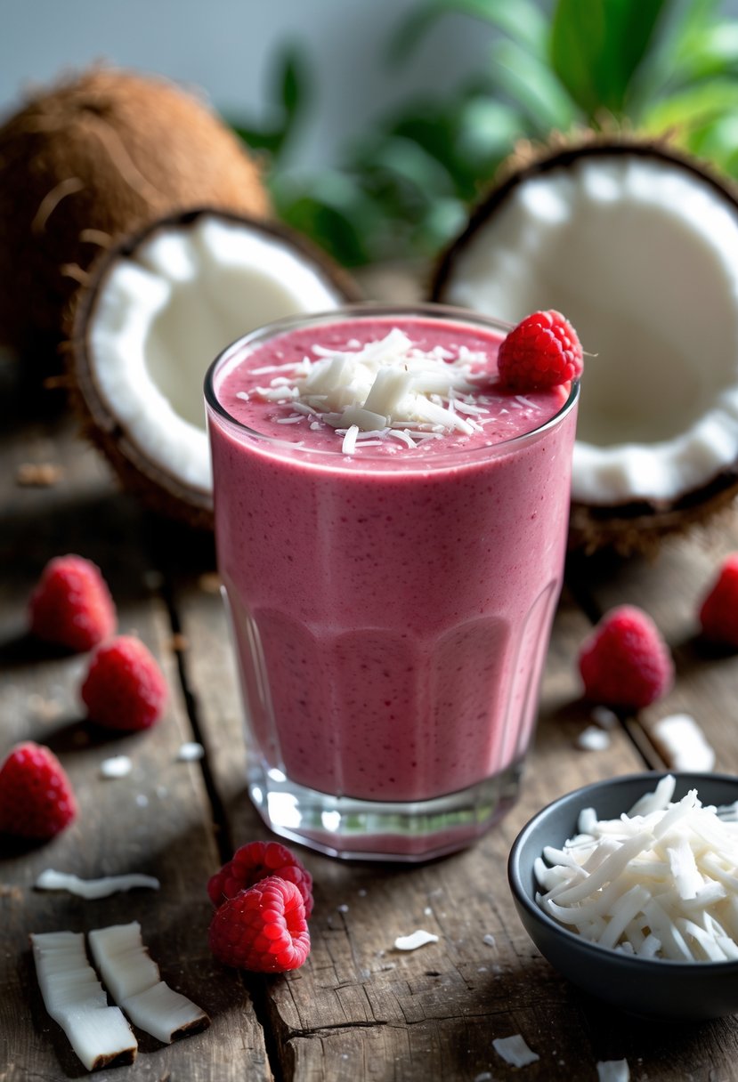 A glass of raspberry coconut smoothie with raspberries, shredded coconut, and a halved coconut on a wooden table.