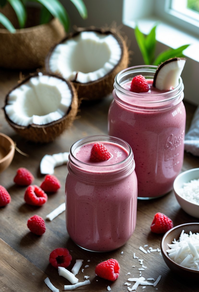 Fresh raspberries, coconut halves, a blender with pink smoothie mixture, and a glass of raspberry coconut smoothie on a wooden kitchen countertop.