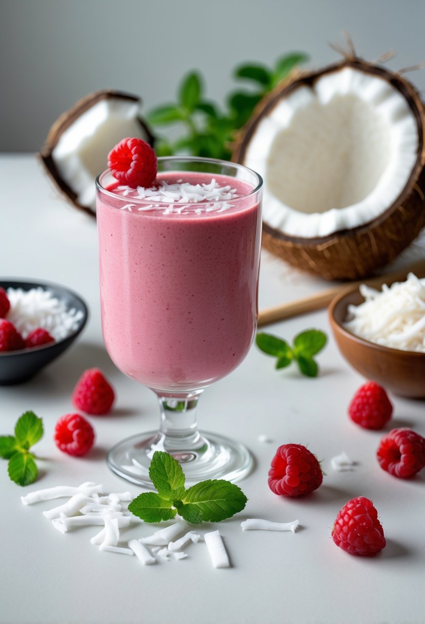 A glass of raspberry coconut smoothie surrounded by fresh raspberries, a halved coconut, shredded coconut, and mint leaves on a white surface.