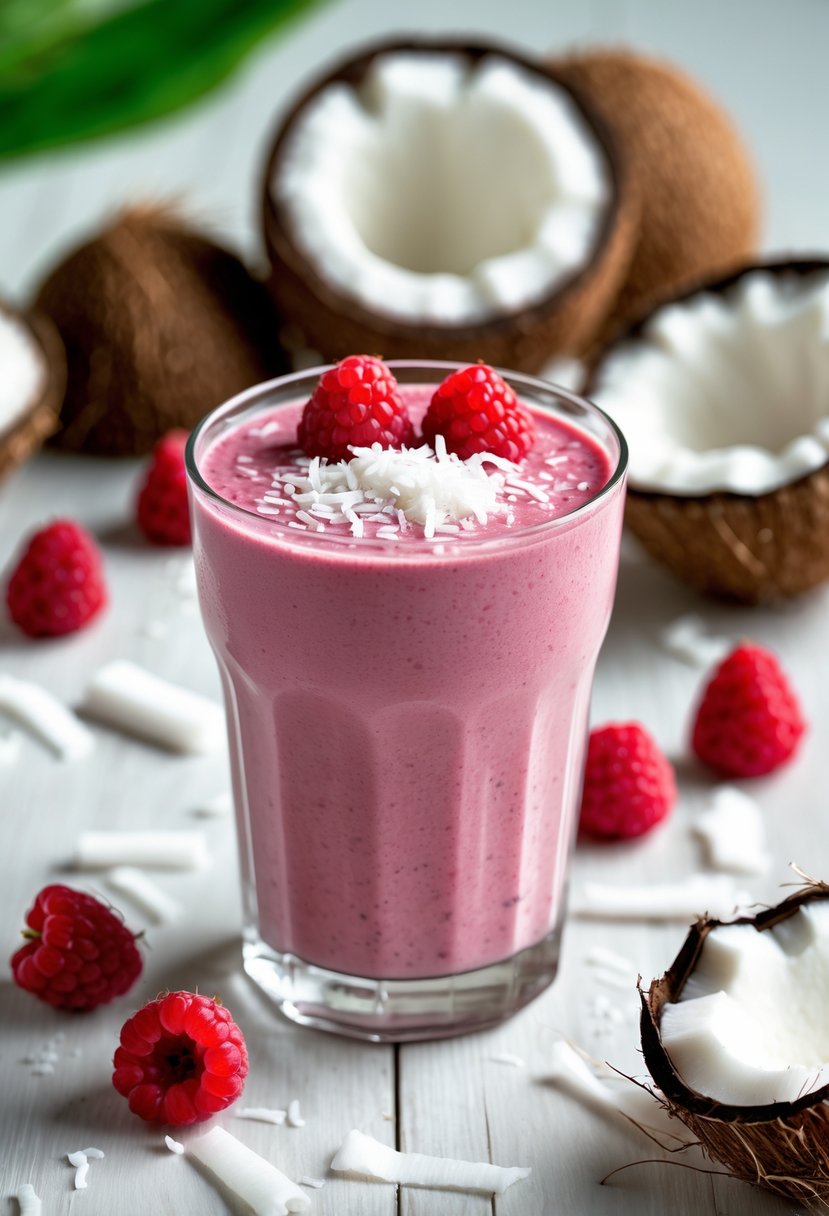 A glass of raspberry coconut smoothie surrounded by fresh raspberries, halved coconuts, and coconut shavings on a wooden surface.