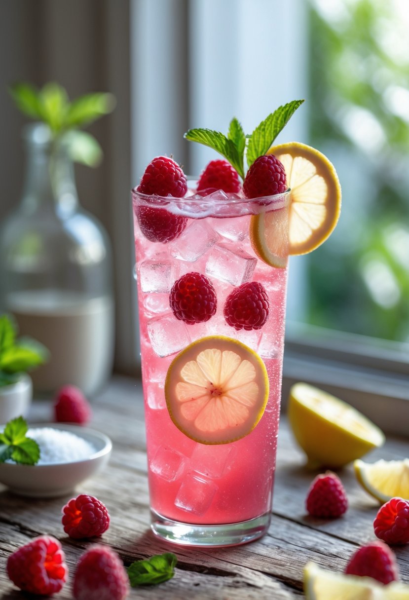 A tall glass of raspberry lemon cooler with ice, garnished with raspberries, lemon slices, and mint, placed on a wooden table with scattered fruit around.