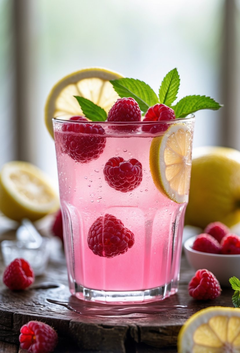 A glass of raspberry lemon cooler drink garnished with raspberries, lemon slices, and mint on a wooden table with fresh fruit and ice around it.