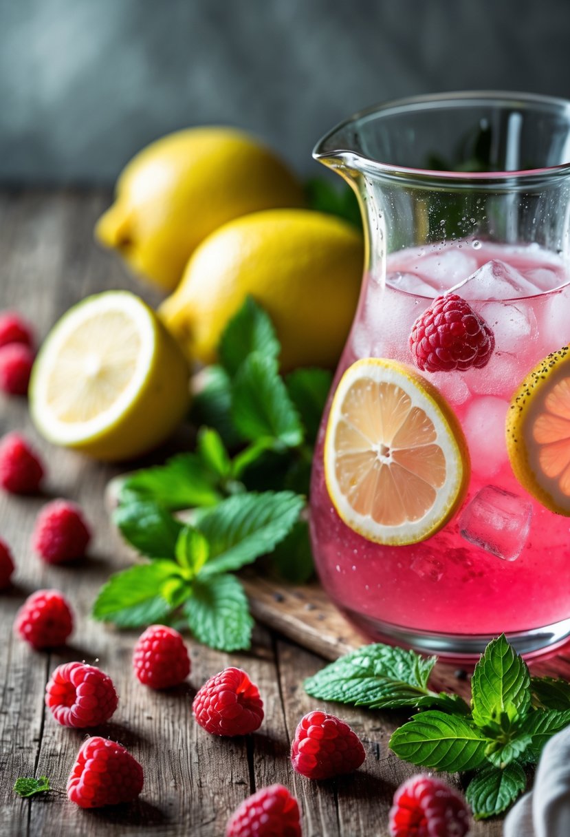 Fresh raspberries, sliced lemons, mint leaves, and a glass pitcher filled with raspberry lemon cooler drink on a wooden surface.