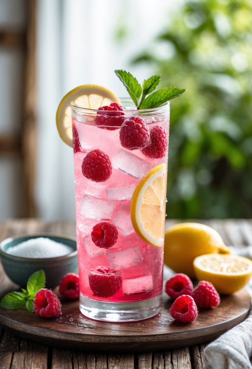 A tall glass of raspberry lemon cooler with ice, raspberries, lemon slices, and mint on a wooden table with fresh raspberries and lemon wedges nearby.