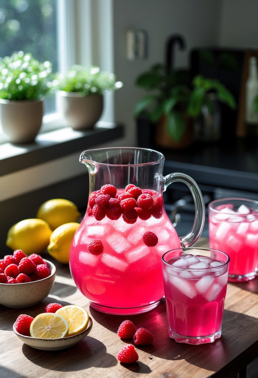 A kitchen countertop with fresh raspberries, lemons, a glass pitcher of raspberry lemonade, and a glass of the drink with ice cubes.