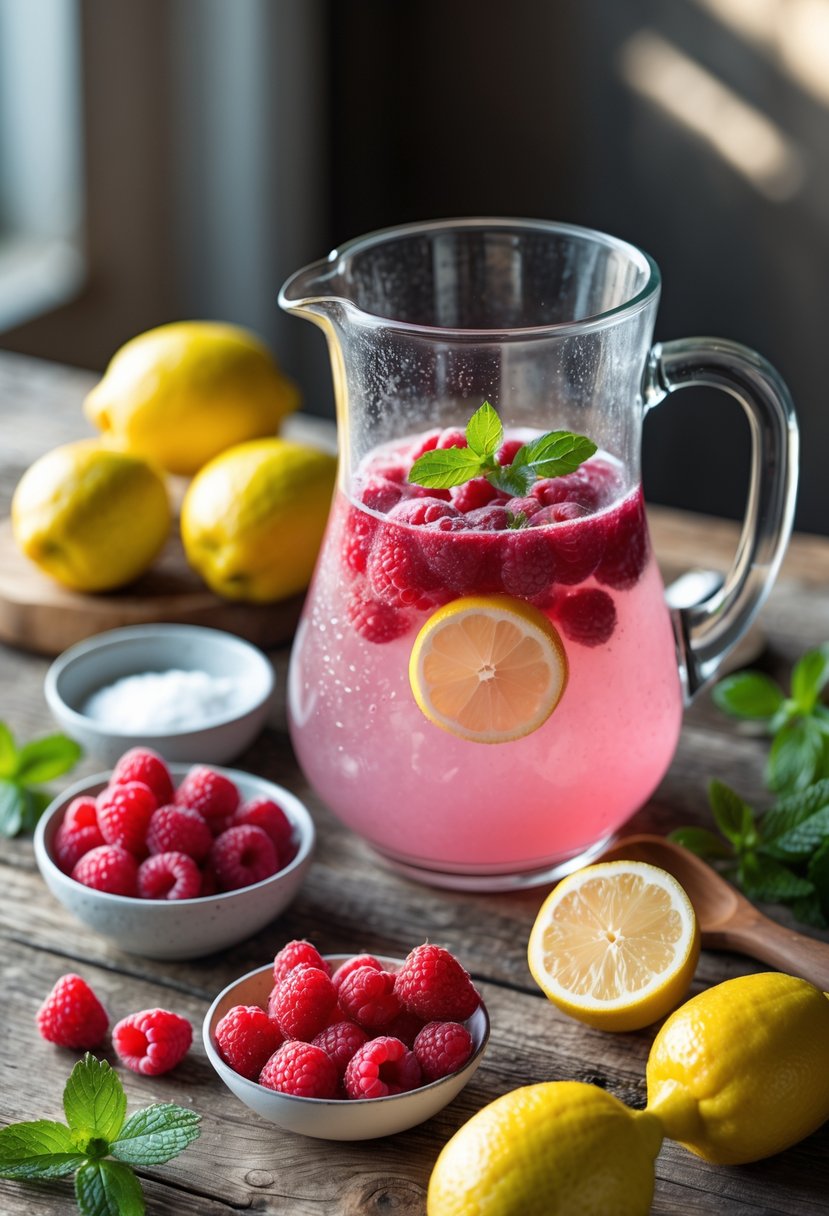 Fresh raspberries, lemons, a glass pitcher of raspberry lemonade, mint sprigs, and sugar arranged on a wooden table.