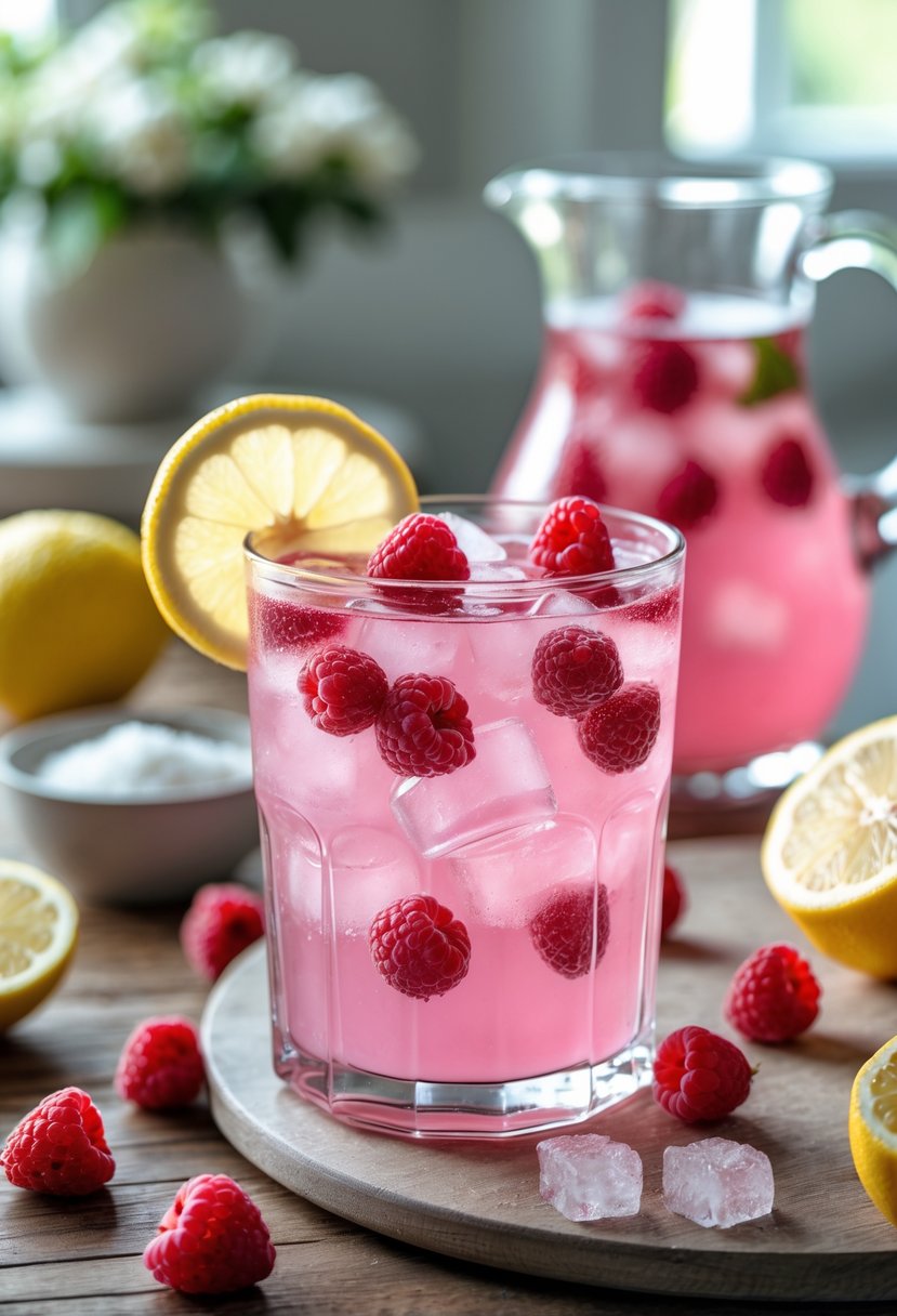A glass of raspberry lemonade with raspberries and lemon slices on a wooden table surrounded by fresh raspberries, lemons, and a pitcher of raspberry lemonade.