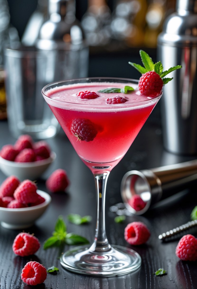 A raspberry martini cocktail garnished with fresh raspberries and mint on a bar counter with raspberries and cocktail tools nearby.