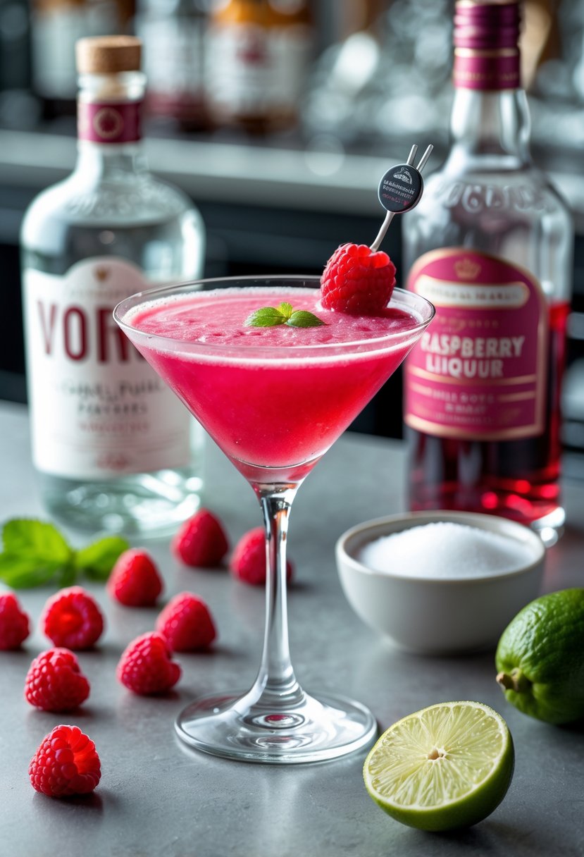 A martini glass filled with a pink raspberry cocktail garnished with fresh raspberries, surrounded by fresh raspberries, a vodka bottle, raspberry liqueur, sugar, and lime on a bar countertop.