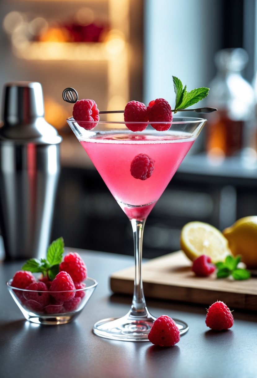 A raspberry martini in a glass garnished with fresh raspberries, placed on a bar counter with a bowl of raspberries and a sprig of mint nearby.
