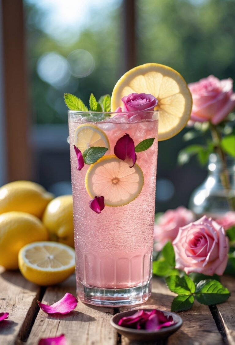 A tall glass of pink rose lemonade cooler garnished with lemon slices, rose petals, and mint on a wooden table surrounded by fresh lemons and rose flowers.