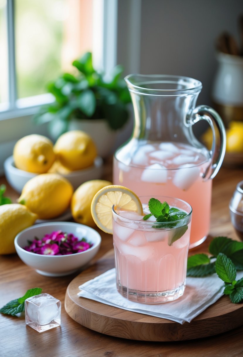 A wooden countertop displaying fresh lemons, rose syrup, a pitcher of pink rose lemonade with ice, and a glass of rose lemonade garnished with lemon and mint.