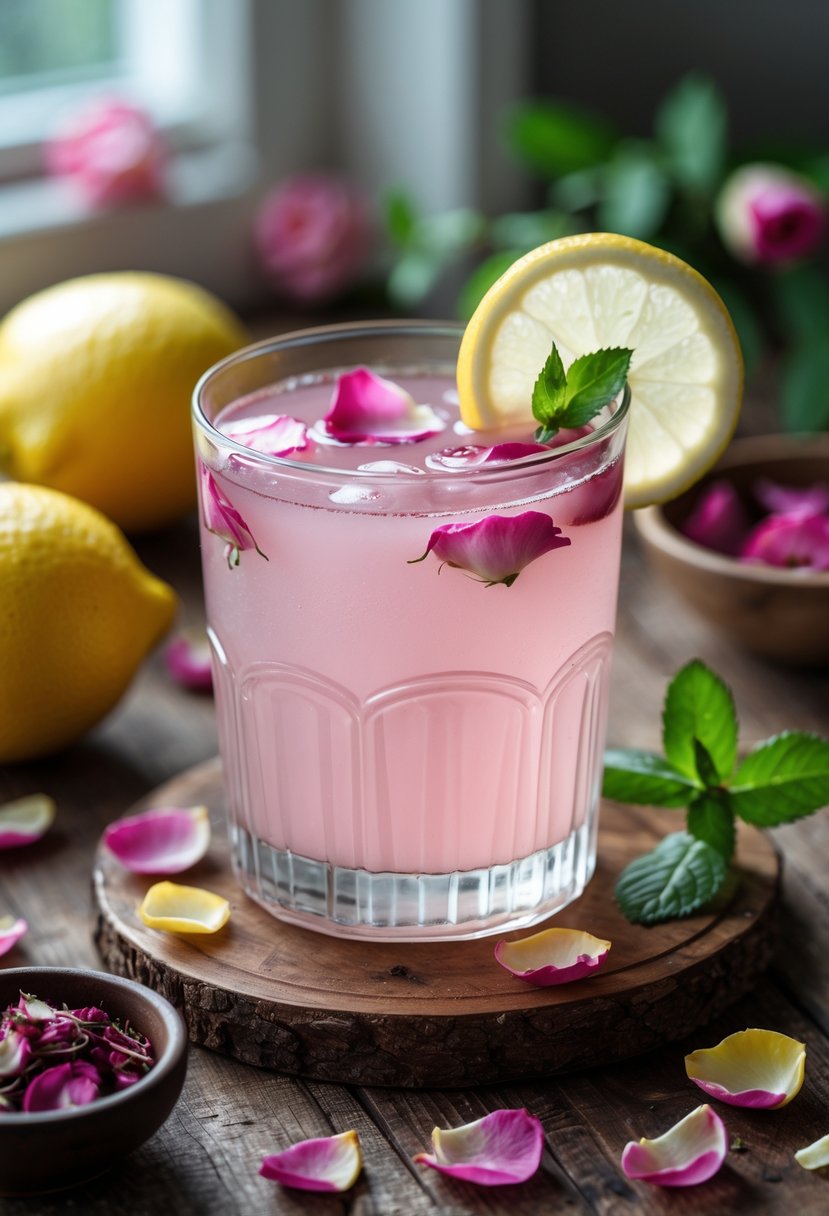 A glass of pink rose lemonade garnished with rose petals and a lemon slice on a wooden table with fresh lemons and rose petals around it.