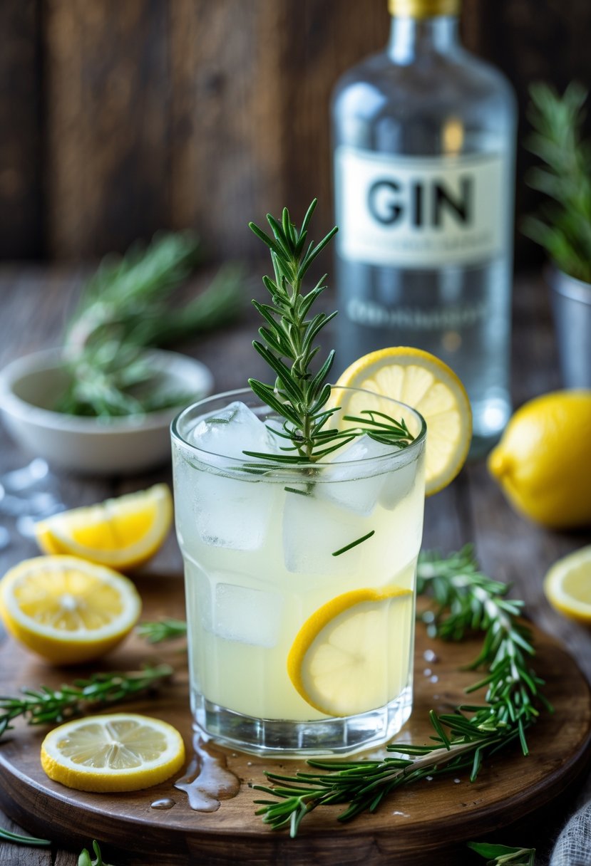 A glass of rosemary gin lemonade garnished with a sprig of rosemary, surrounded by lemon slices and rosemary on a wooden surface.