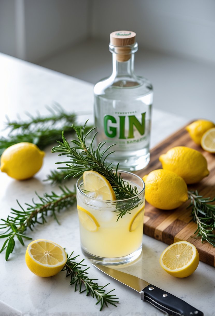A kitchen countertop with fresh rosemary, lemons, a bottle of gin, a pitcher of lemonade garnished with rosemary and lemon slices, and a cutting board with a knife.