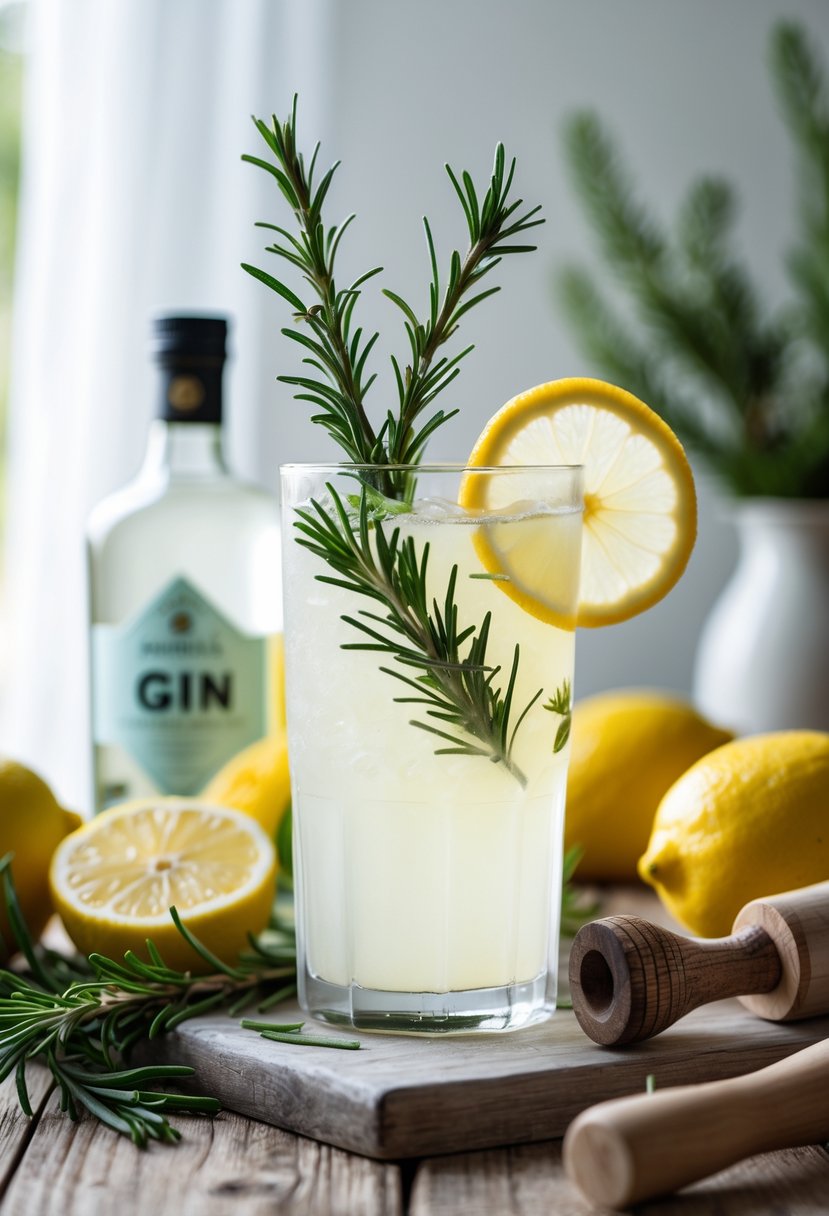 A glass of rosemary gin lemonade garnished with a rosemary sprig and lemon slice, surrounded by fresh lemons, rosemary, and a bottle of gin on a wooden table.