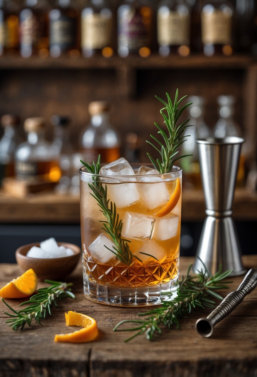 A glass of Rosemary Old Fashioned cocktail garnished with rosemary and orange peel on a wooden bar counter with cocktail ingredients around it.