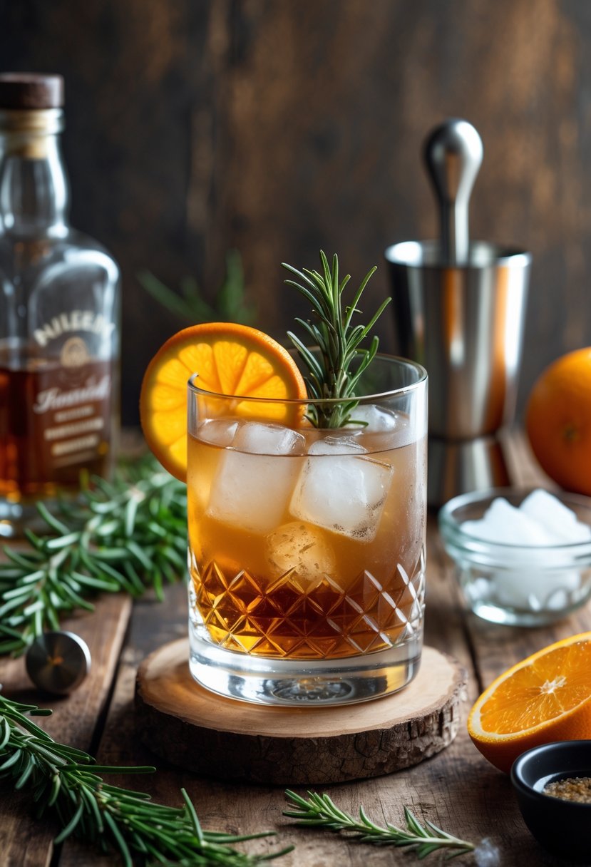 A glass of Rosemary Old Fashioned cocktail garnished with rosemary and orange peel surrounded by whiskey, fresh rosemary, orange slices, bitters, and cocktail tools on a wooden surface.