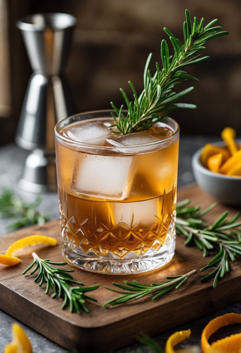 A glass of Rosemary Old Fashioned cocktail garnished with a rosemary sprig on a wooden board with orange peels and fresh rosemary nearby.