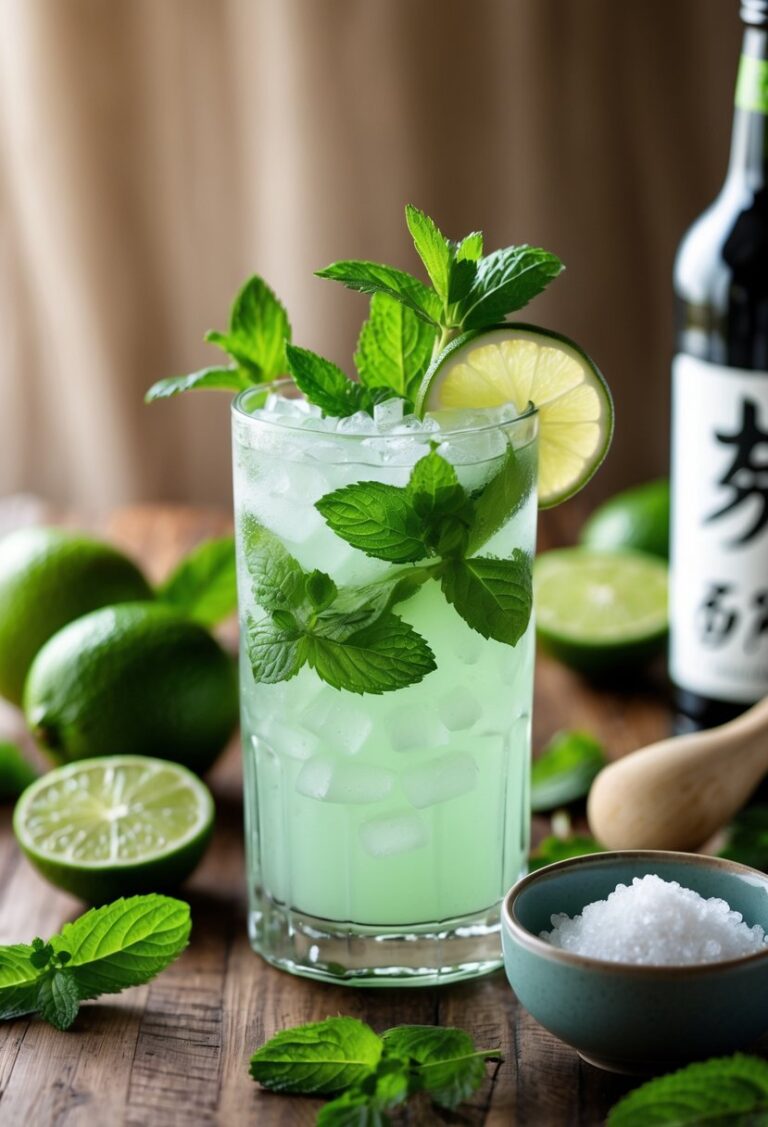 A glass of Sake Mojito cocktail garnished with mint and lime on a wooden table surrounded by sake bottle, fresh limes, mint leaves, sugar, and a muddler.