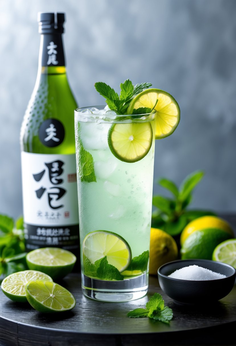 A tall glass of sake mojito garnished with mint and lime on a wooden surface with sake bottle and fresh ingredients nearby.