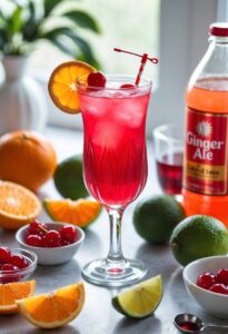 A glass of Shirley Temple cocktail garnished with a cherry and orange slice, surrounded by fresh oranges, lime wedges, cherries, grenadine syrup, and a bottle of soda on a kitchen countertop.