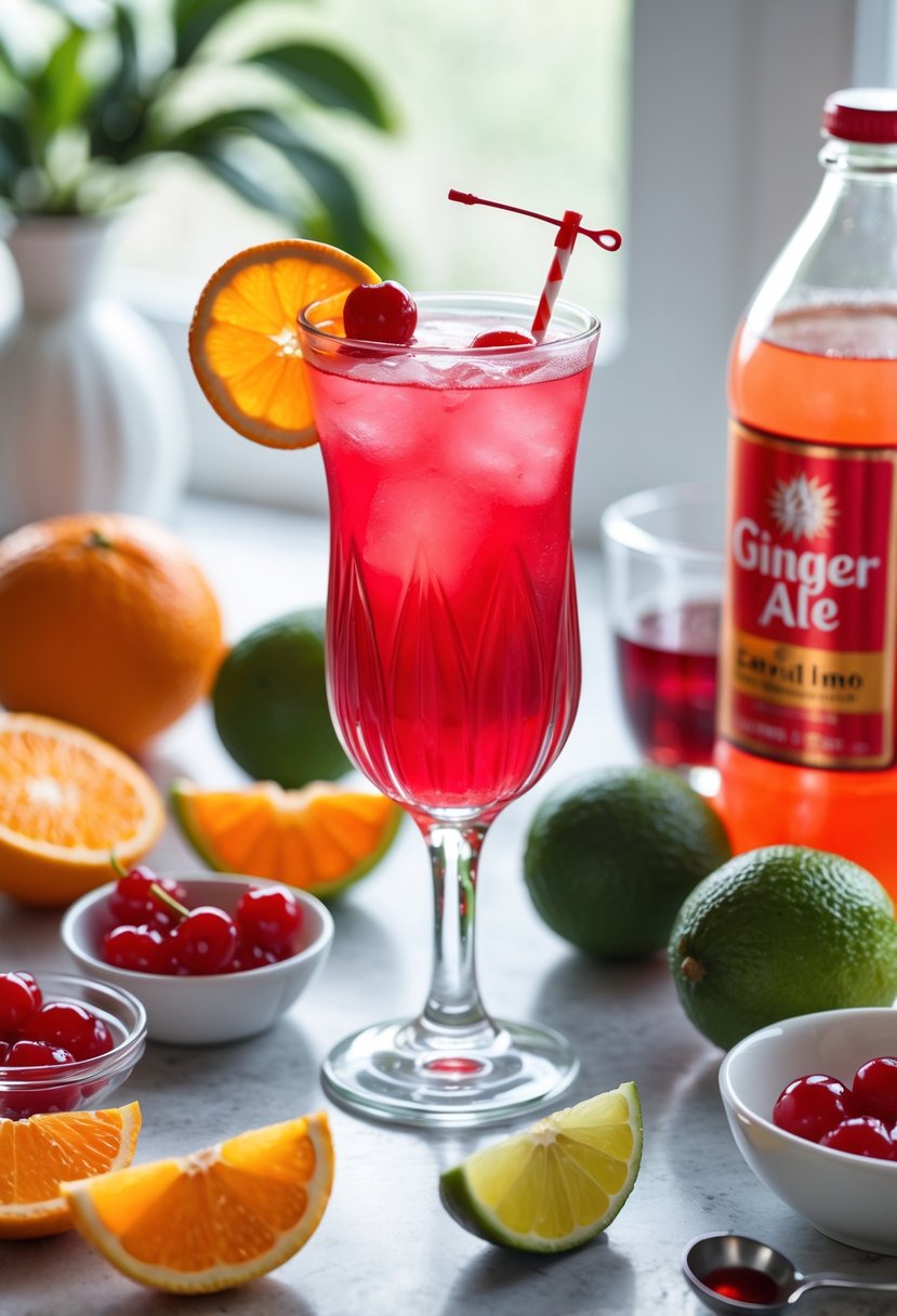 A glass of Shirley Temple cocktail garnished with a cherry and orange slice, surrounded by fresh oranges, lime wedges, cherries, grenadine syrup, and a bottle of soda on a kitchen countertop.