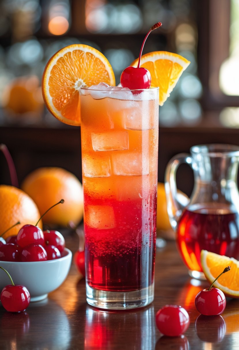 A tall glass of Shirley Temple cocktail garnished with a cherry and orange slice on a wooden counter, surrounded by fresh oranges and cherries.