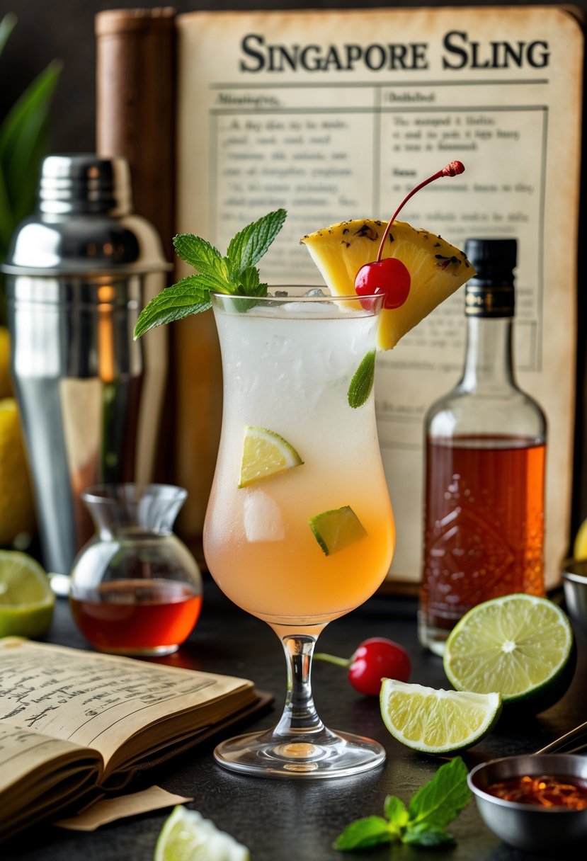 A tall glass of Singapore Sling cocktail garnished with pineapple, cherry, and mint, placed on a bar counter with cocktail ingredients and a vintage recipe book nearby.