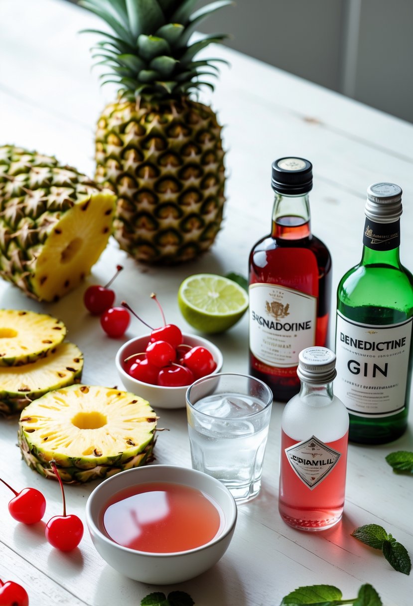 An arrangement of fresh pineapple, cherries, lime, bottles of gin, cherry brandy, grenadine, Benedictine liqueur, soda water, and simple syrup on a wooden surface, ready for making a Singapore Sling cocktail.
