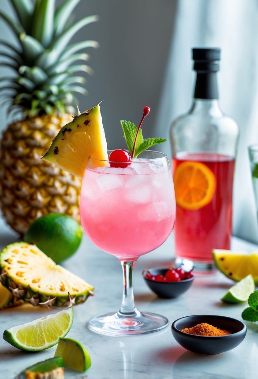 A glass of pink Singapore Sling cocktail garnished with pineapple, cherry, and mint on a bar counter with fresh ingredients and bottles nearby.