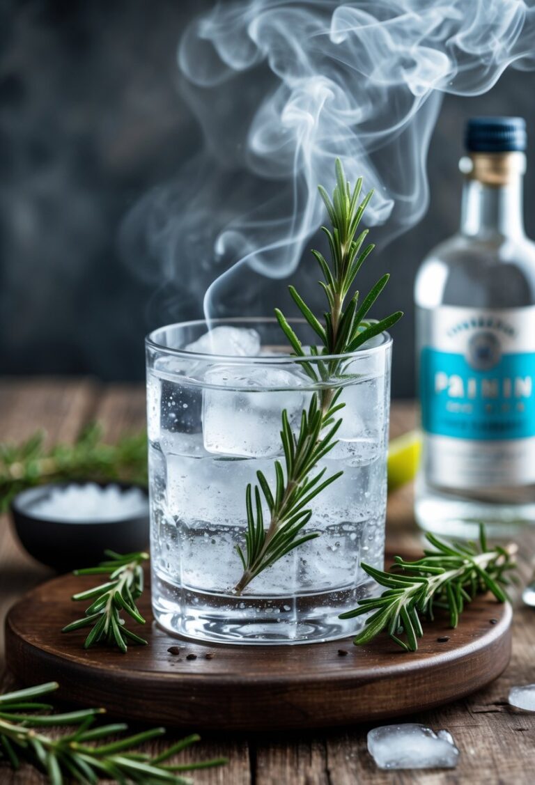 A glass of smoked rosemary gin and tonic with ice and a smoking rosemary sprig on a wooden surface, surrounded by fresh rosemary and a bottle of gin.