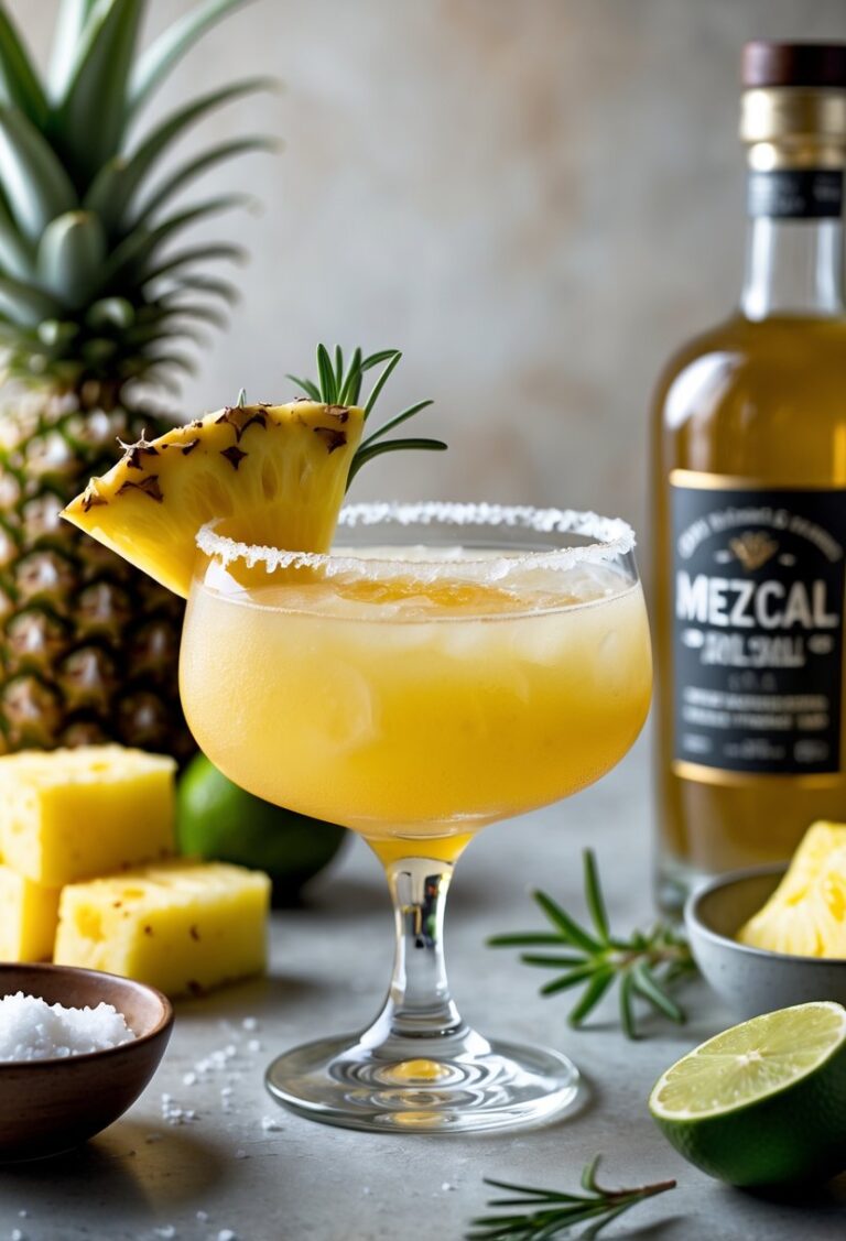 A glass of smoky pineapple mezcalita cocktail garnished with pineapple and rosemary on a bar counter with fresh pineapple, lime, salt, and a mezcal bottle nearby.