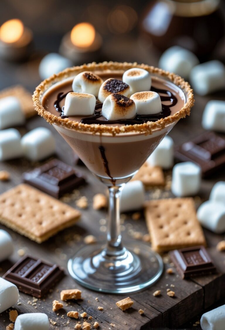 A S'mores Martini cocktail in a glass with toasted marshmallows, chocolate drizzle, and crushed graham cracker rim, surrounded by garnishes on a wooden surface.