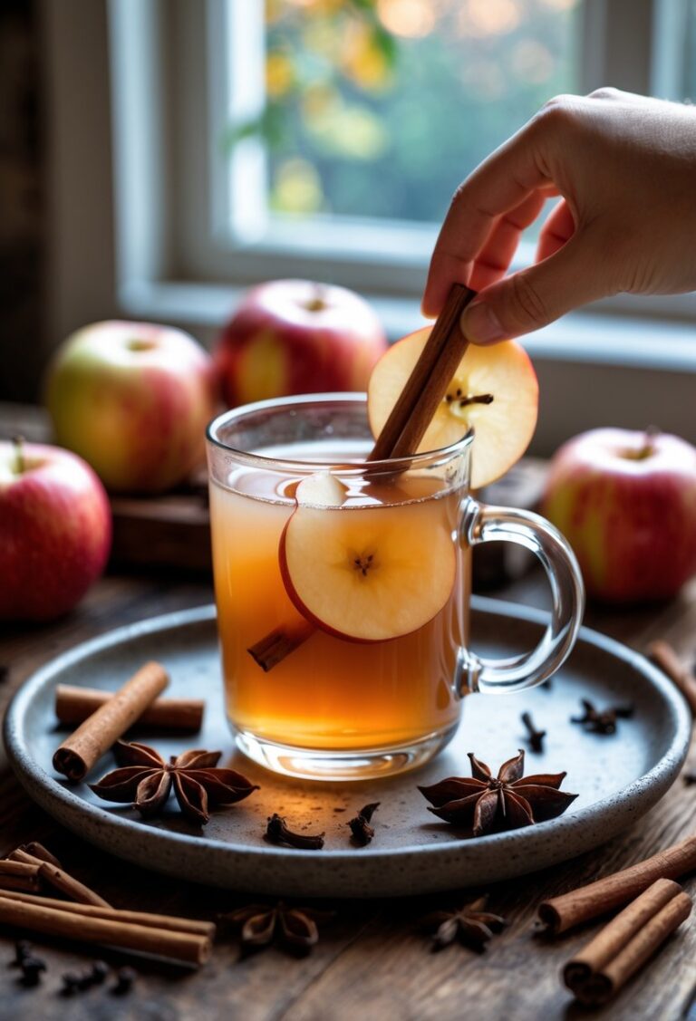 A glass mug of steaming spiced apple cider garnished with a cinnamon stick and apple slice on a wooden table with apples and spices around it.