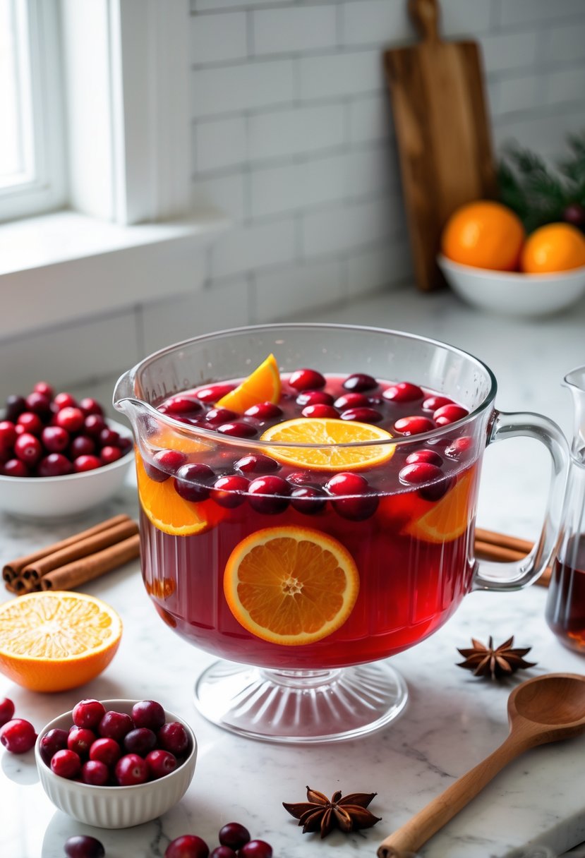 A kitchen countertop with a glass punch bowl filled with spiced cranberry punch garnished with cranberries, orange slices, and spices, surrounded by ingredients and utensils.