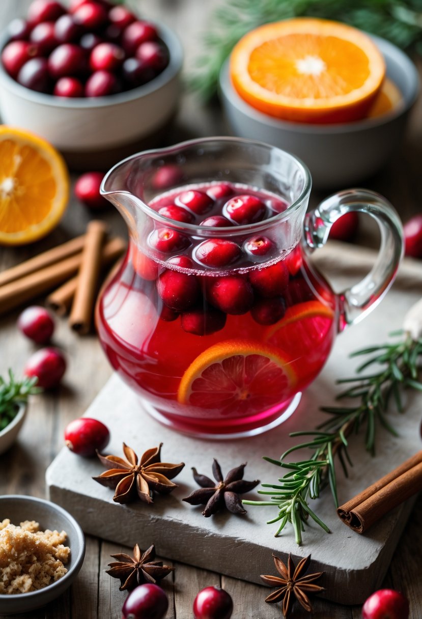 A glass pitcher of red spiced cranberry punch surrounded by fresh cranberries, cinnamon sticks, star anise, orange slices, and other spices on a wooden surface.