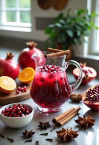 A kitchen countertop with a pitcher of spiced pomegranate punch surrounded by pomegranates, cinnamon sticks, star anise, orange slices, and cloves.