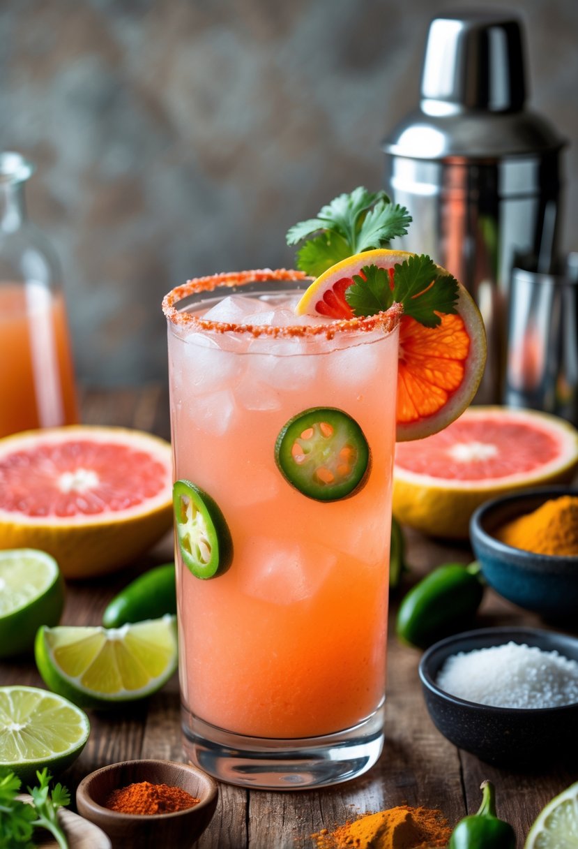A glass of Spicy Paloma cocktail garnished with grapefruit and cilantro surrounded by fresh grapefruits, jalapeños, lime wedges, and cocktail-making tools on a wooden table.