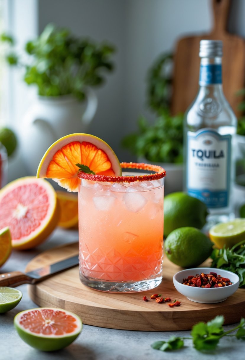 A glass of Spicy Paloma cocktail garnished with grapefruit and chili pepper on a kitchen counter surrounded by fresh grapefruits, limes, chili peppers, and a bottle of tequila.