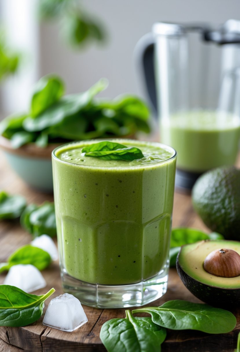 A glass of green spinach avocado smoothie surrounded by fresh spinach leaves and a halved avocado on a wooden table.