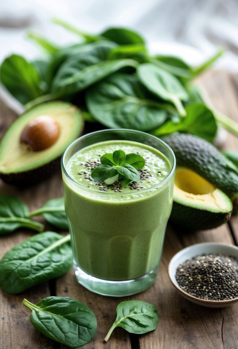 A glass of green spinach avocado smoothie on a wooden table surrounded by fresh spinach leaves, a halved avocado, and chia seeds.