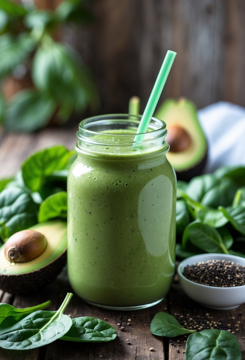 A glass jar filled with green spinach avocado smoothie surrounded by fresh spinach leaves and a halved avocado on a wooden table.