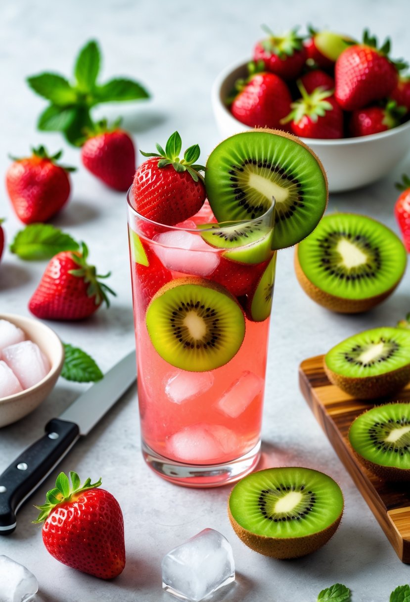 Fresh strawberries and kiwis arranged with a glass of pink refreshing drink garnished with fruit slices on a kitchen countertop.