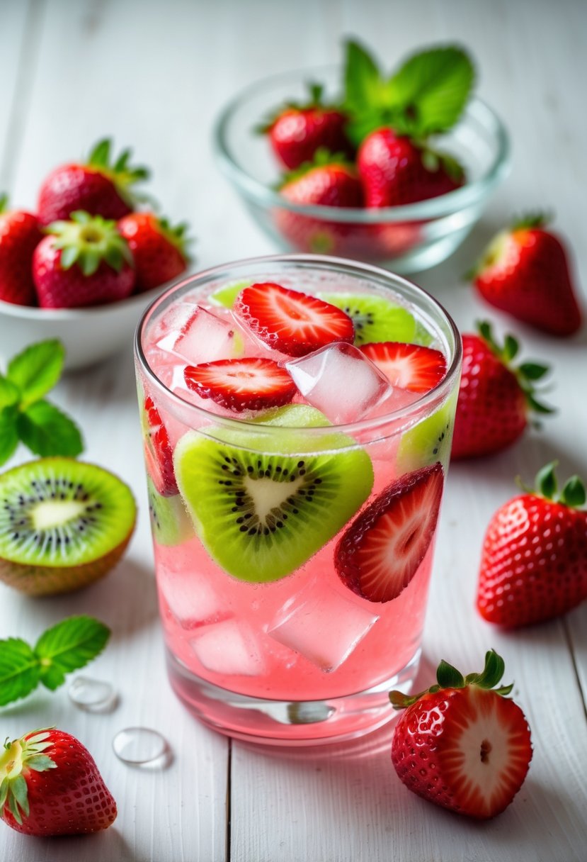 A glass of Strawberry Kiwi Refresher with ice, surrounded by fresh strawberries and kiwi slices on a wooden surface.