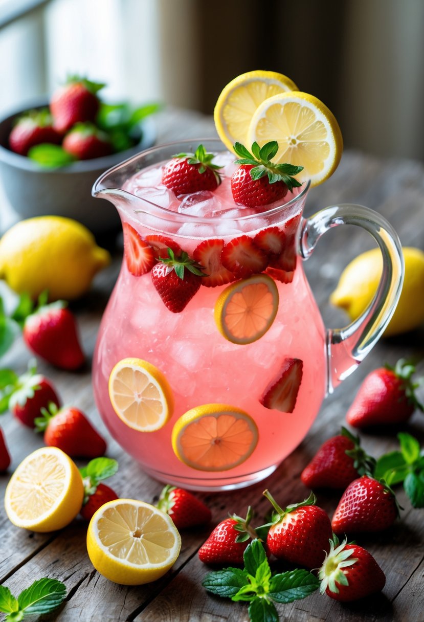 A glass pitcher of strawberry lemonade punch with fresh strawberries, lemon slices, and mint on a wooden table surrounded by whole strawberries and lemons.