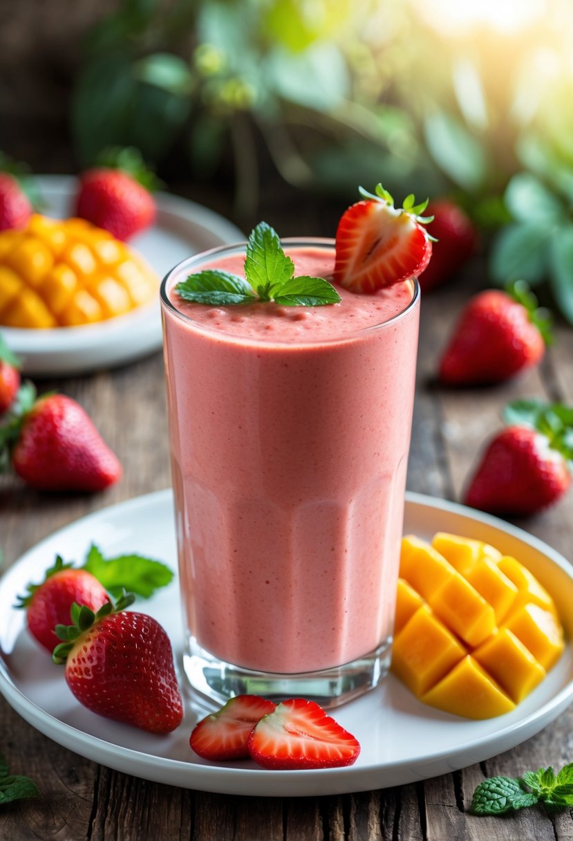 A glass of strawberry mango smoothie surrounded by fresh strawberries and mango slices on a wooden table.